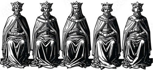 Five Medieval Kings Sitting on Thrones in Row Wearing Crowns and Royal Capes Woodcut Style Engraving Illustration for Historical Design