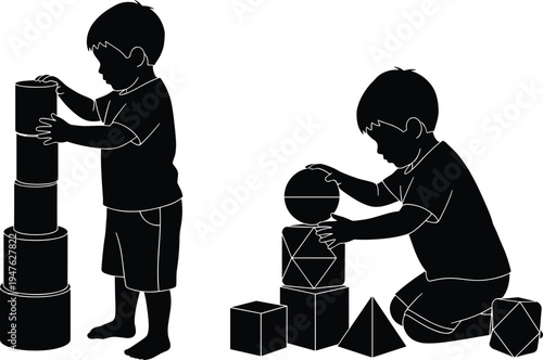 Silhouettes of a young boy building with geometric blocks and stacking cylinders child playing