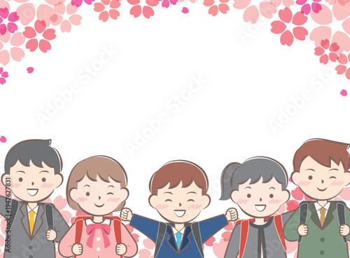 ランドセルを背負った小学生と桜のフレーム　入学　入学式