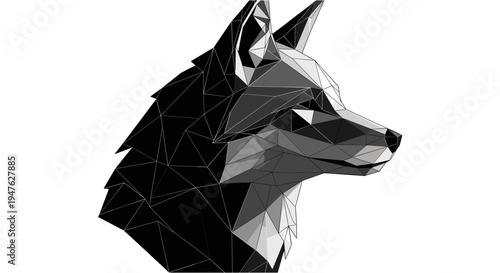 Striking monochrome geometric wolf head illustration, showcasing intricate polygonal design and sharp lines against a clean white background.