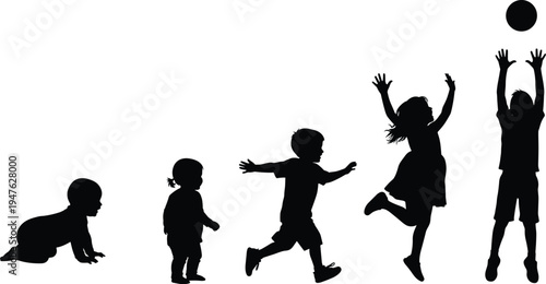 Silhouettes of children in different stages of development and play on a white background Keywords: children, kids, silhouettes