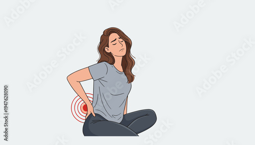 vector of young woman sitting cross-legged, experiencing severe low back pain, hands on aching lumbar area, discomfort from prolonged sitting
