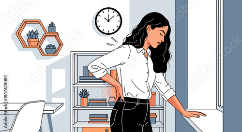 vector of female employee experiencing low back pain while standing in office, hands on aching lumbar area, long hours causing health issues
