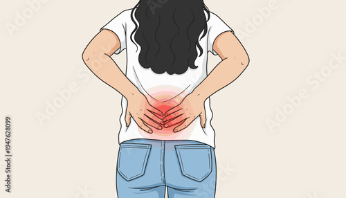 vector of woman suffering from acute low back pain, hands massaging aching lumbar area, medical condition illustration
