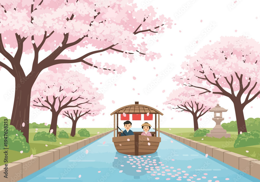 Obraz premium Couple enjoying a romantic boat ride under cherry blossoms.