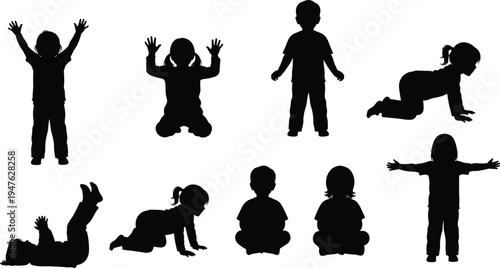 Silhouettes of children in various active and playful poses on a white background kids