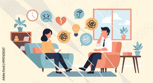 A woman engages in a therapy session with a male psychologist, discussing various emotional and mental health challenges in a supportive environment.