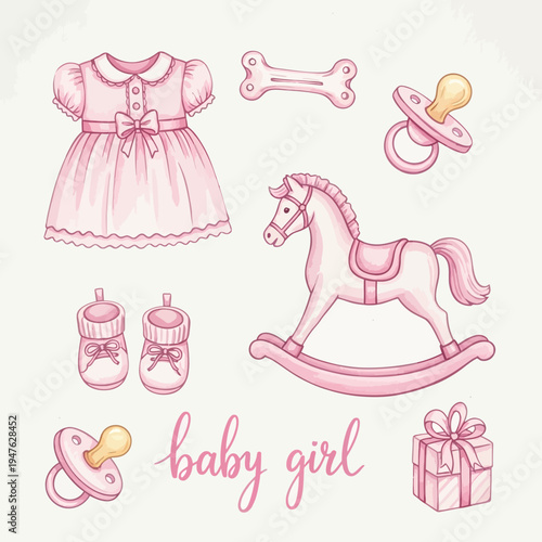 Baby girl items and toys illustration.