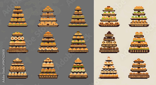 Collection of stylized food stacks illustrations, featuring various layered desserts, snacks, and appetizers in a whimsical graphic vector art style for diverse culinary and design projects