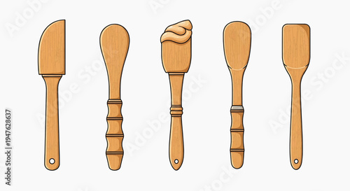 A diverse collection of five wooden kitchen spatulas and essential culinary utensils, ideal for cooking, baking, and general food preparation, presented in a clean, isolated graphic illustration