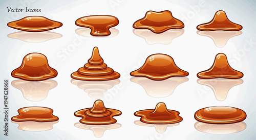 Collection of sweet caramel sauce and honey syrup liquid shapes in various forms, ideal for food-related designs and culinary illustrations