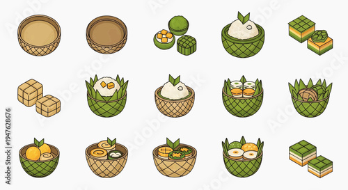 Collection of illustrated icons representing various Asian food items served in bamboo baskets and packaging