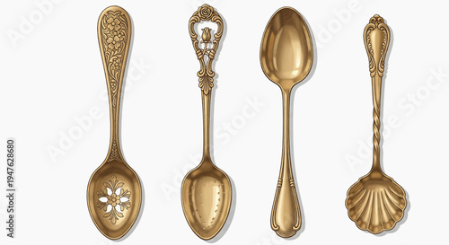 Collection of four antique ornate gold-plated decorative spoons with unique handles and bowls, displayed on a white background