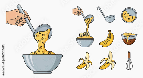Banana pancake batter being poured from a ladle into a bowl with other ingredients like bananas and a whisk in the background