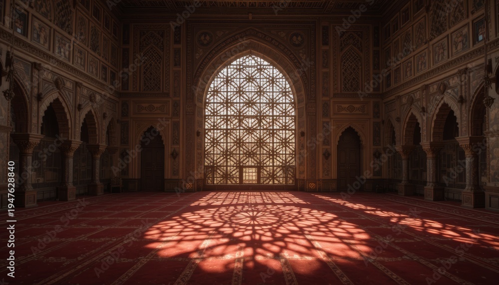 Obraz premium Interior of a large ornate room with a red carpet and arched window
