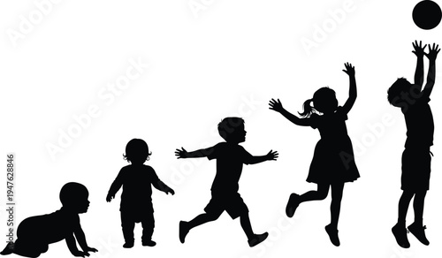 Silhouettes of Children Showing Stages of Growth and Activity kids baby