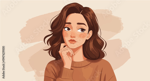 Beautiful Young Woman Thinking with Hand on Chin - Flat Vector Style Illustration