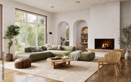 Contemporary living room with natural materials, arched walls, large windows and a minimalist fireplace, 3d render
