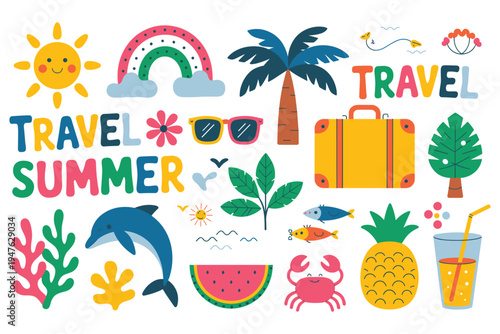 Colorful summer travel with and text vacation rainbow