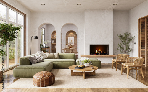 Contemporary living room with natural materials, arched walls, large windows and a minimalist fireplace, 3d render