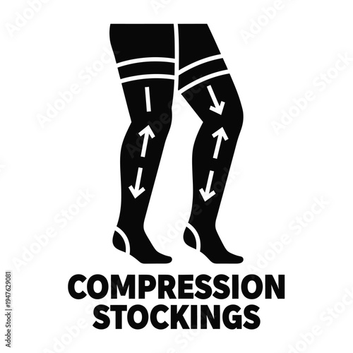 A graphic depiction showcases a pair of legs wearing compression stockings with arrows indicating graduated pressure application high quality professional detailed modern elegant stylish