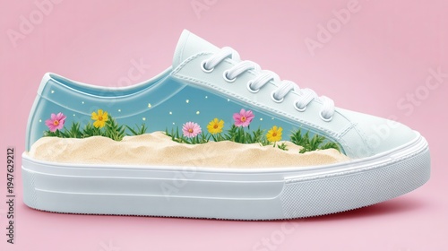 Sneaker art with floral sand design on pastel pink background
