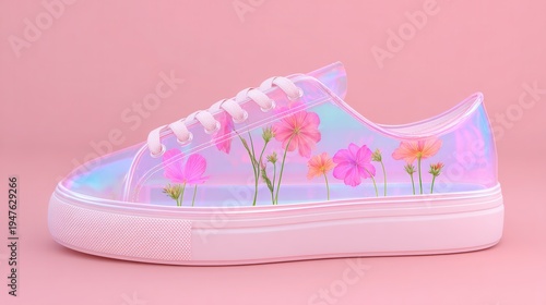 Holographic sneakers with floral print on pastel pink background