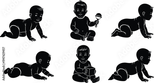 Six black silhouette illustrations of babies in various crawling and sitting poses baby infant