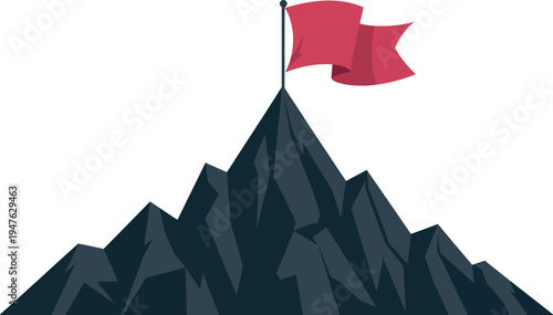 Vector illustration Red flag on mountain peak represents success achievement and winning business goals or target reaching