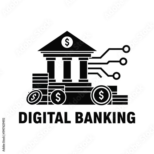 A stylized black icon depicts a bank building integrated with digital circuitry symbolizing modern financial technology and services high quality professional detailed elegant stylish