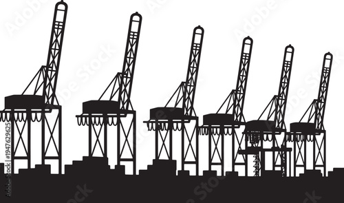 Vector illustration Collection of large cargo cranes in a row at a busy industrial seaport terminal at sunset