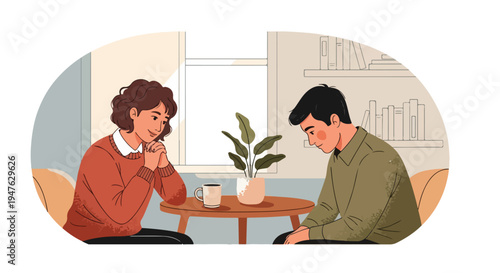 Man and Woman Having Serious Conversation in Cozy Interior - Flat Vector Illustration