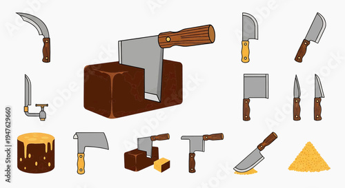 Collection of kitchen knives and cutting blocks, stylized illustrations for culinary and food preparation