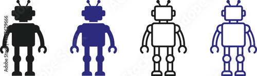 Set of four minimalist robot character icons in a vintage toy style. The design features a square head with two antennae, a rectangular torso, and jointed limbs with pincer hands