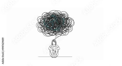 Woman Sitting with Tangled Messy Thought Bubble - Mental Health Concept Vector