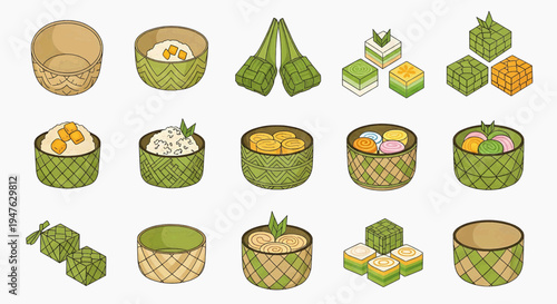 Vibrant Vector Collection of Traditional Asian Sweet Delicacies and Desserts, Featuring Hand-Drawn Food Illustrations for Cultural Celebrations and Culinary Designs