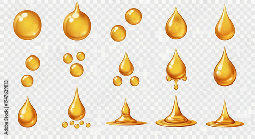 Golden liquid droplets collection, various sizes and shapes, isolated on transparent background, high-quality fluid illustration