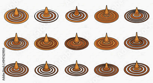 Stylized brown drops creating ripple effects in liquid, a dynamic collection of concentric circle patterns illustrating various stages of impact and movement