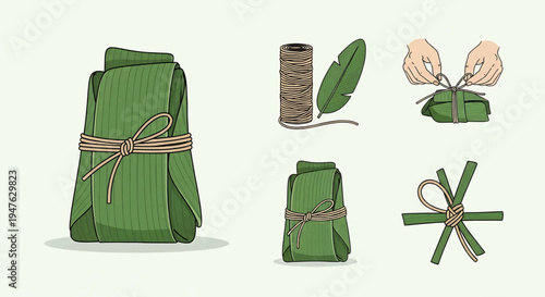 Step-by-step guide to eco-friendly packaging using banana leaves and natural string, illustrating traditional and sustainable wrapping techniques for food or gifts