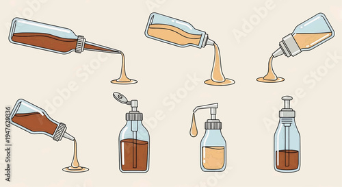 Various sauce and condiment bottles depicted in a playful, stylized illustration with liquid pouring out