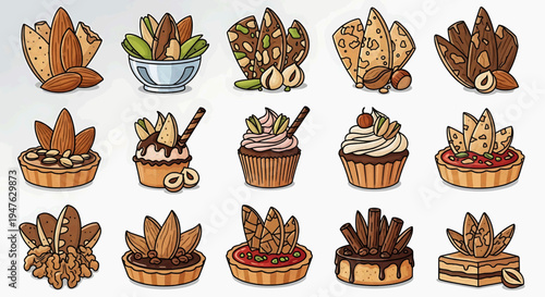 A delightful hand-drawn vector collection of various nut-based snacks, gourmet desserts, and assorted sweet treats, perfect for bakery menus, culinary illustrations, and food design elements
