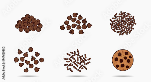 Various types of chocolate chips and a cookie, illustrated as icons