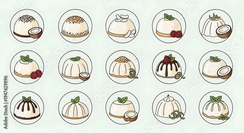 Assortment of Delicious Puddings and Desserts Illustrated in a Simple, Flat Style