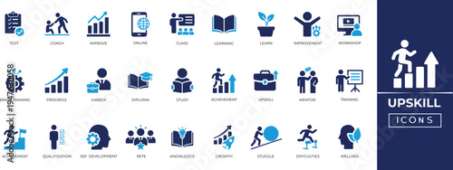 Upskill icon set: training, learning, career growth, certificate, mentor, and online course linear symbols for education and business