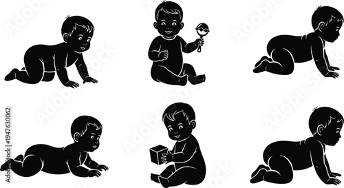 Six Silhouette Illustrations of Babies Crawling and Sitting with Toys Keywords: baby, infant, child, silhouette, black and white