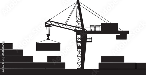 Vector illustration Cargo crane loading containers at seaport, industrial port operations, logistics and shipping