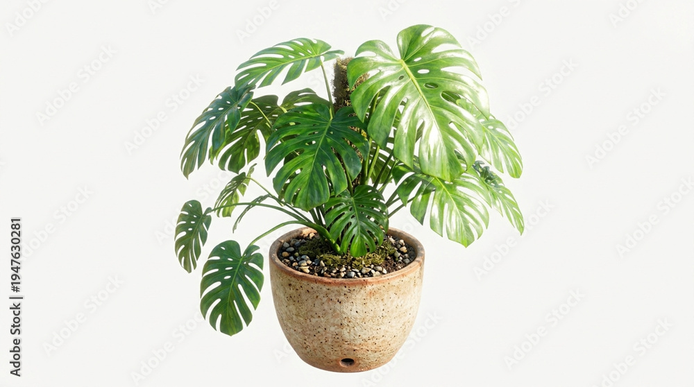 Fototapeta premium Large green potted monstera deliciosa plant with sunlight shining through leaf holes in a beige ceramic pot on white background