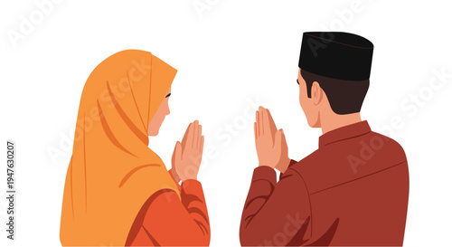 A respectful Muslim couple performs a traditional greeting, showcasing unity and cultural tradition against a clean white background.