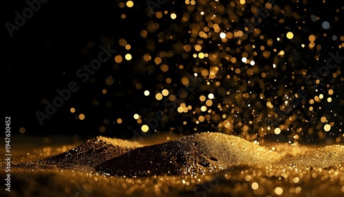 A pile of gold glitter on a black background with sparkling particles falling from above