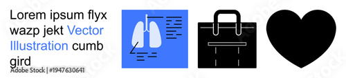 Health systems, business services, cardiology, medical tools, efficient workflow, professional support. Graphic design of lungs, a briefcase and a heart symbol. Health systems and business services